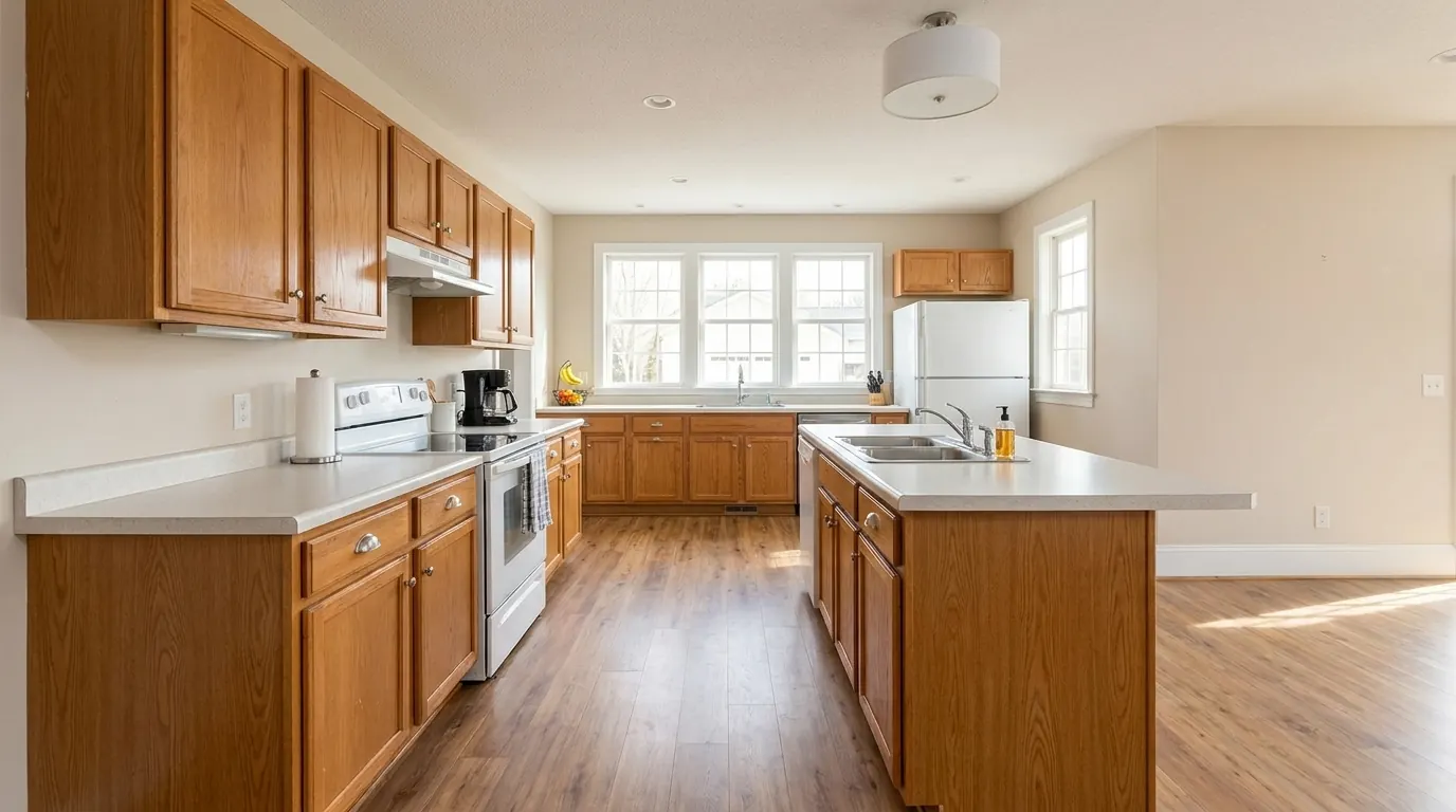 Before: Same kitchen after Patriot Construction remodel: white shaker cabinetry, navy island, marble counters, brass pendants and wide-plank white oak floors