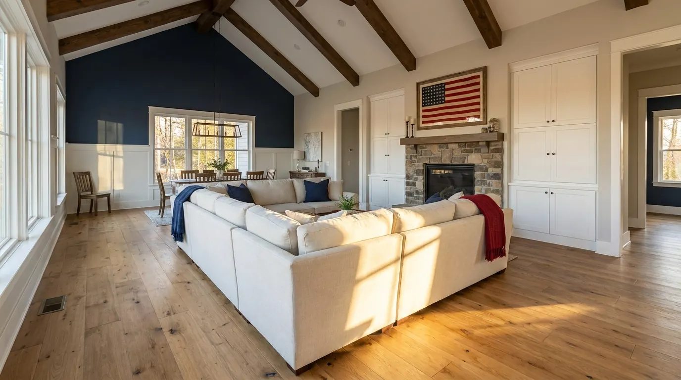 Cinematic Patriot Construction great-room remodel: vaulted beamed ceiling, white-oak floors, stone fireplace, and warm golden-hour light.